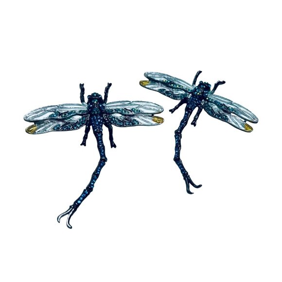 Jewelry - Dragonfly Brooches Pendants Articulated Tail Gunmetal Tone Blue/AB Rhinestones